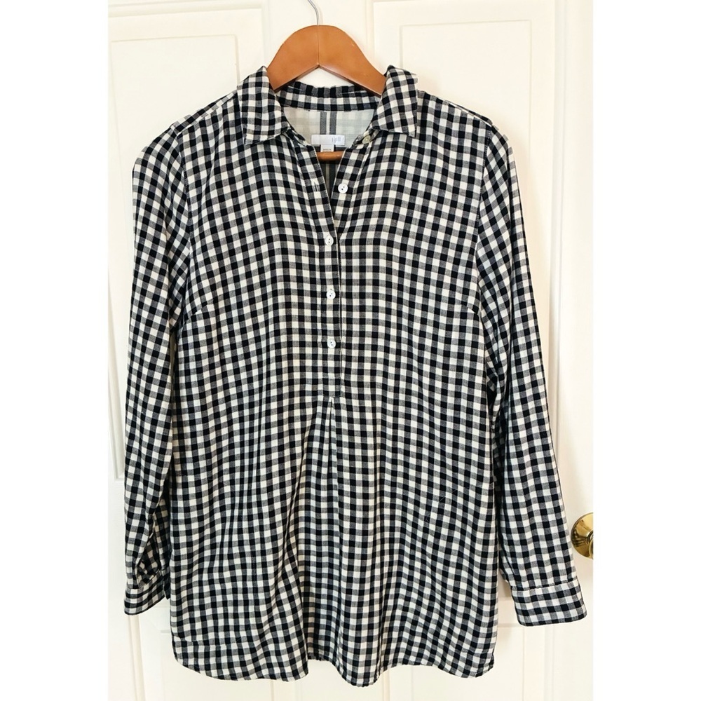 J. Jill Black Cream Soft Flannel Plaid Tunic Popover Top Blouse Pockets XS